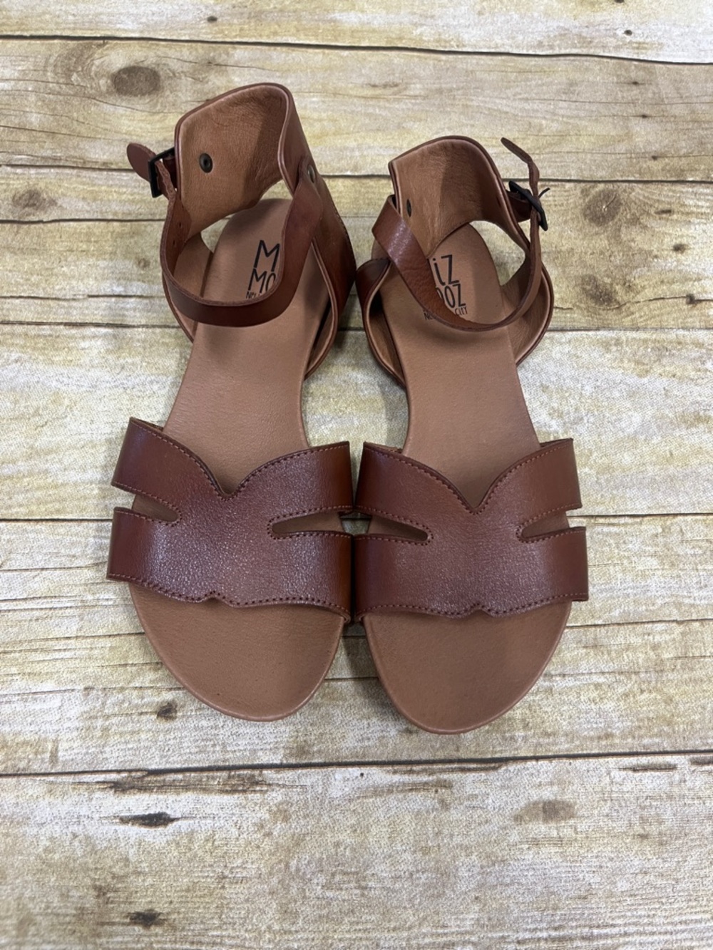 Miz Mooz Tan Brown Leather Cutout Ankle-Strap Sandals size 7.5